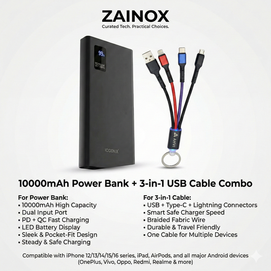 Icconx 10000mAh Power Bank + Ahvi 3-in-1 USB Cable Combo